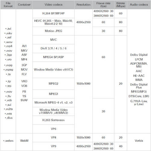 utilsigtet hændelse Ernæring strække Samsung/Sony/LG/Panasonic TV Video Audio Formats Supported